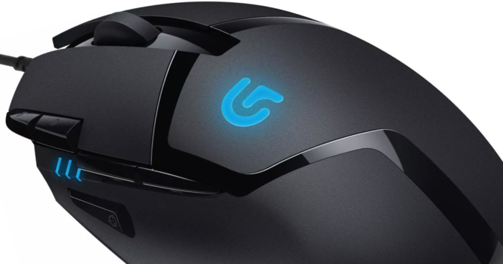 black wired mouse with blue g 