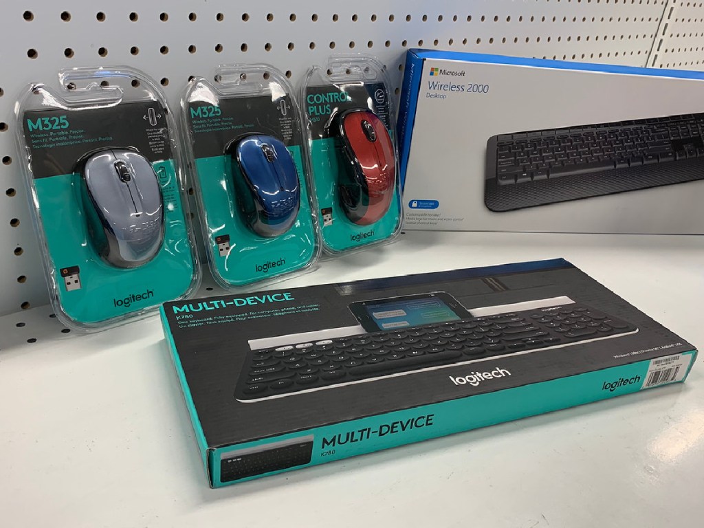 computer mice and keyboards on store shelf