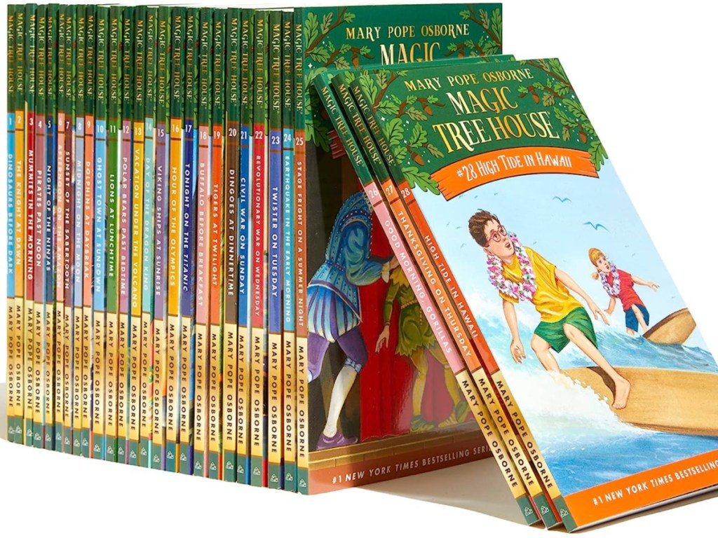 stack of books from the Magic TreeHouse Boxed Set