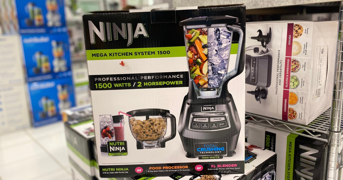 ninja mega kitchen system blender in box on shelf