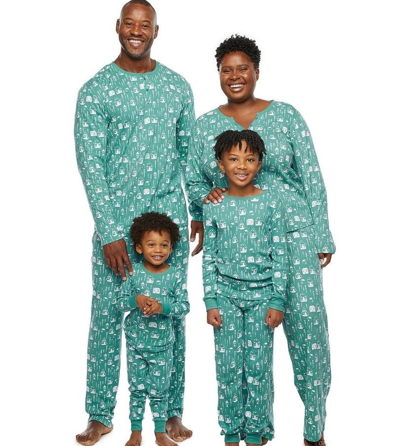 family wearing nordic village matching pajamas