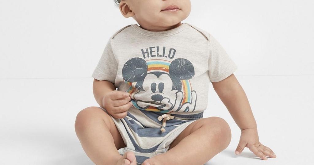 baby boy wearing okie dokie mickey mouse onesie