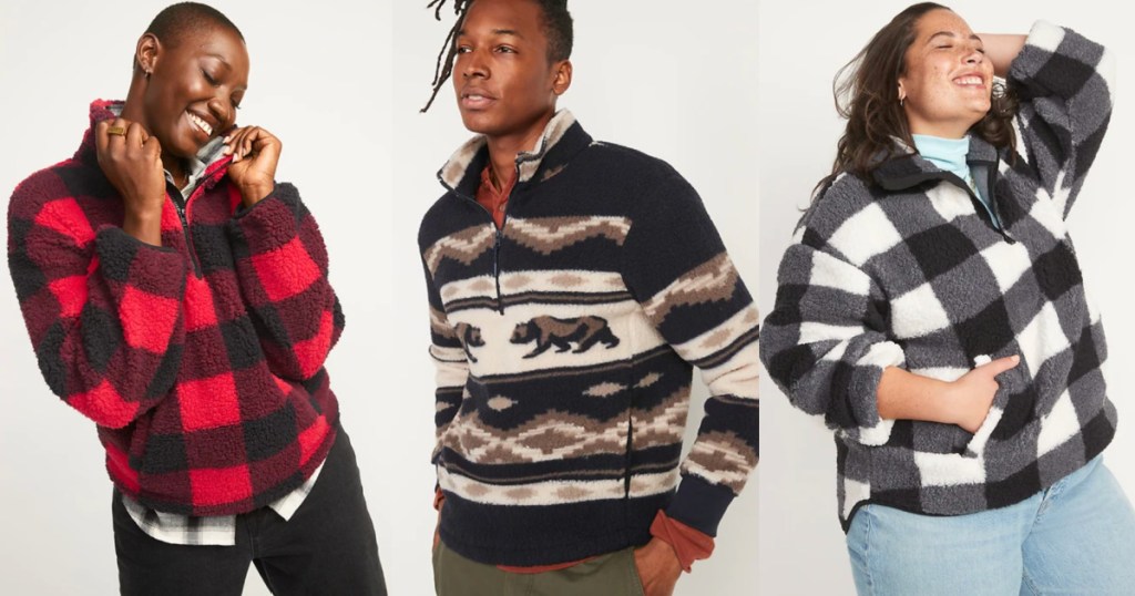 men and women wearing Old Navy Sherpa Pullovers 