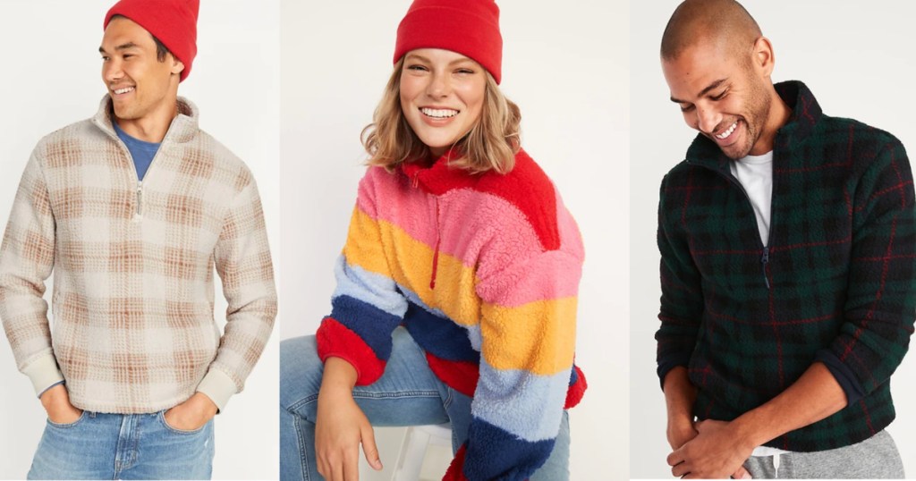 men and women modeling Old Navy Sherpa Pullovers