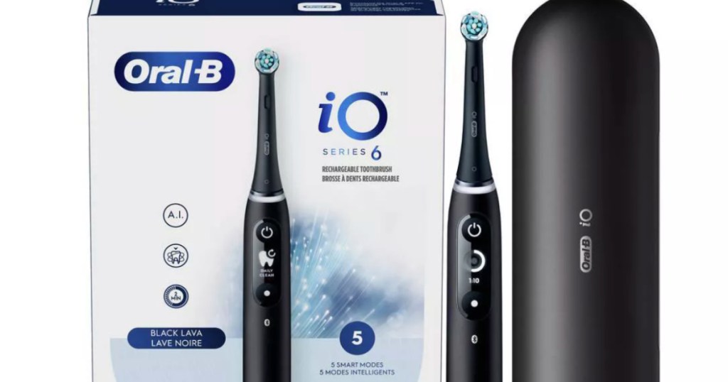 black electric toothbrush in front of box