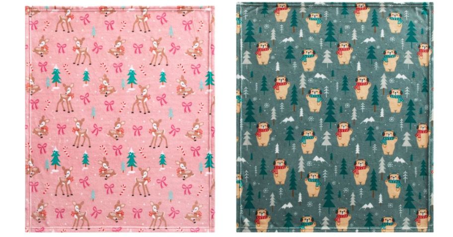 two Christmas-themed baby blankets: one in pink and one in green