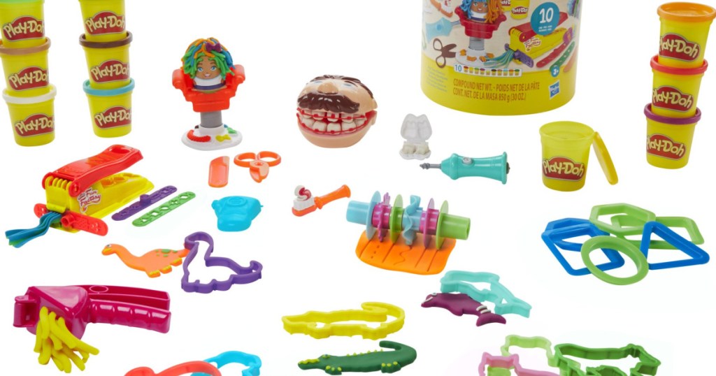 Lots of playdoh accessories and playdough tubs