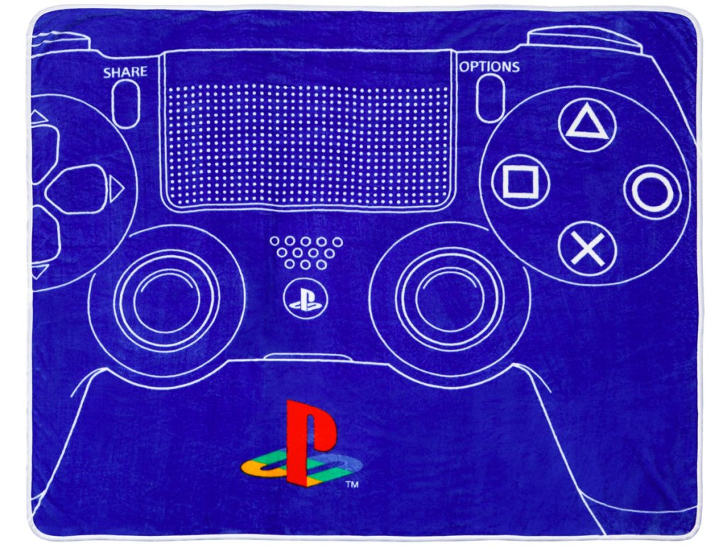 blue throw blanket with playstation controller