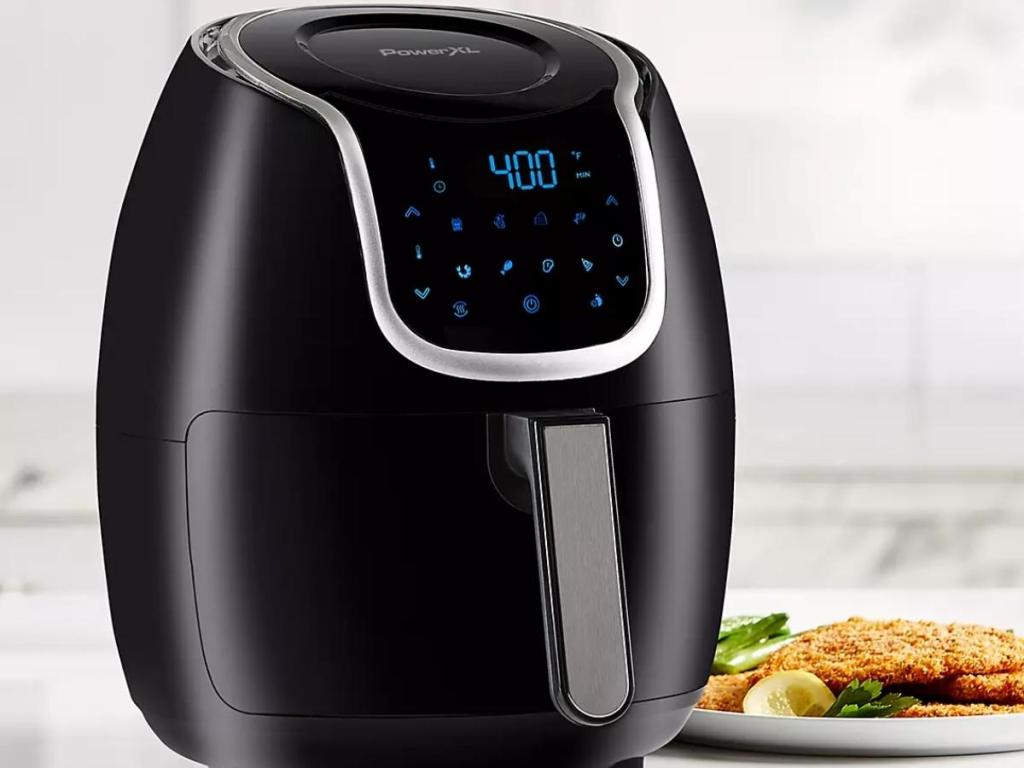 black power xl air fryer with food on counter