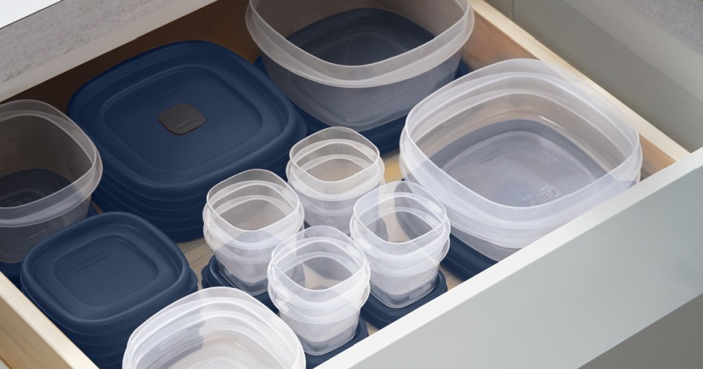 drawer full of Rubbermaid food storage containers