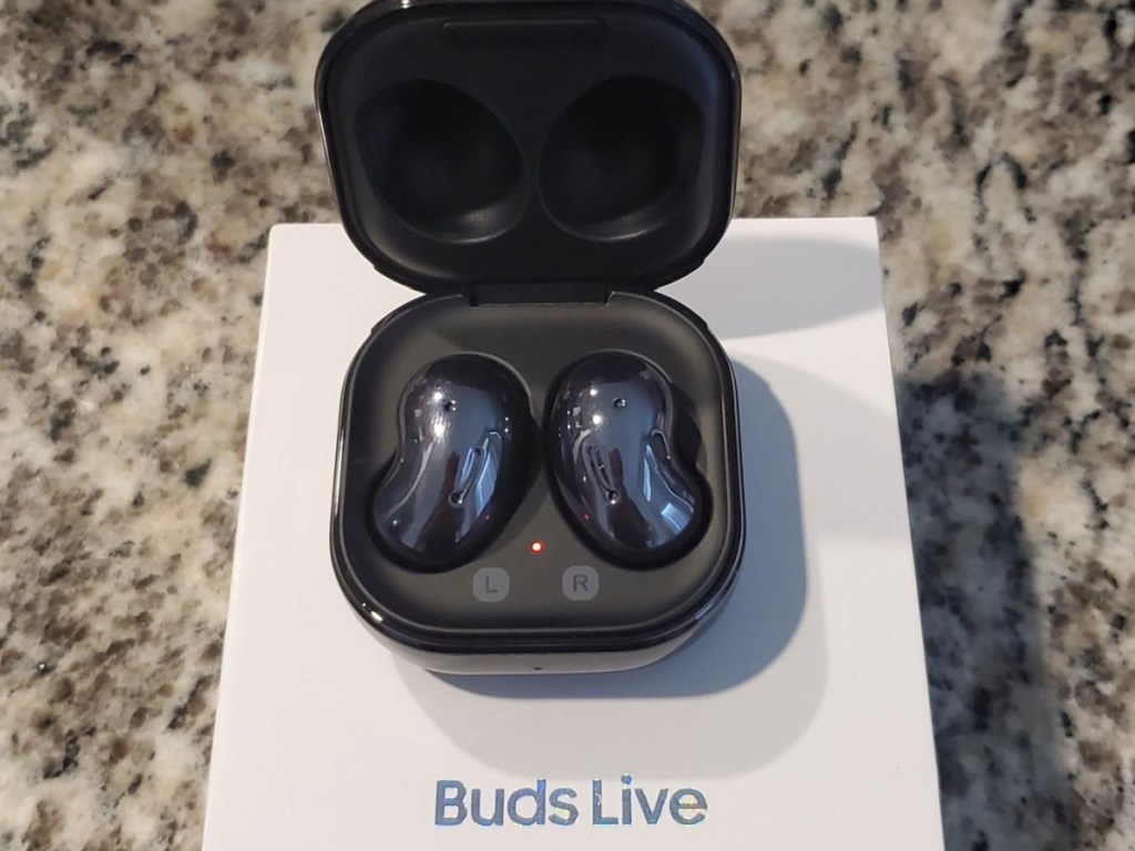 black wireless earbuds in charging case sitting on its box
