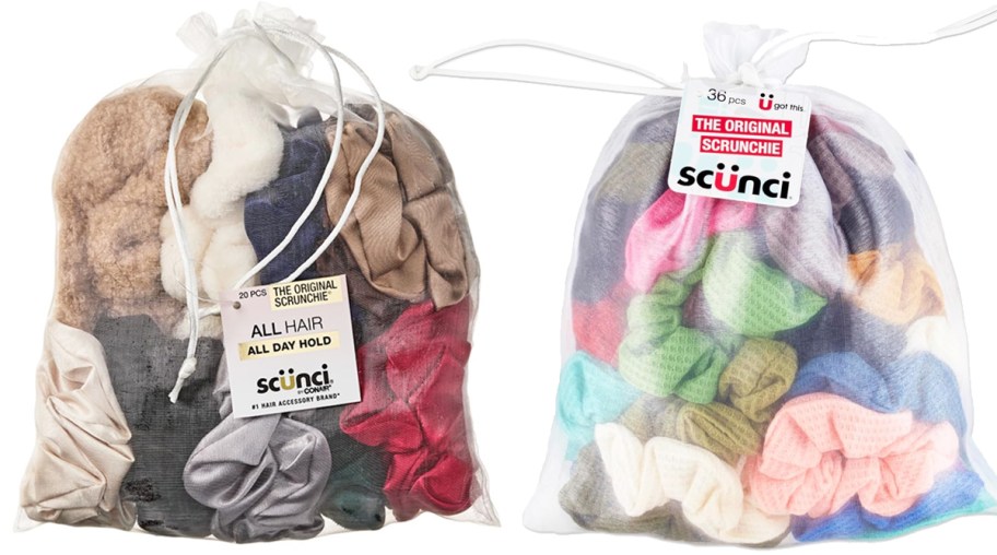 two mesh bags filled with scrunchies