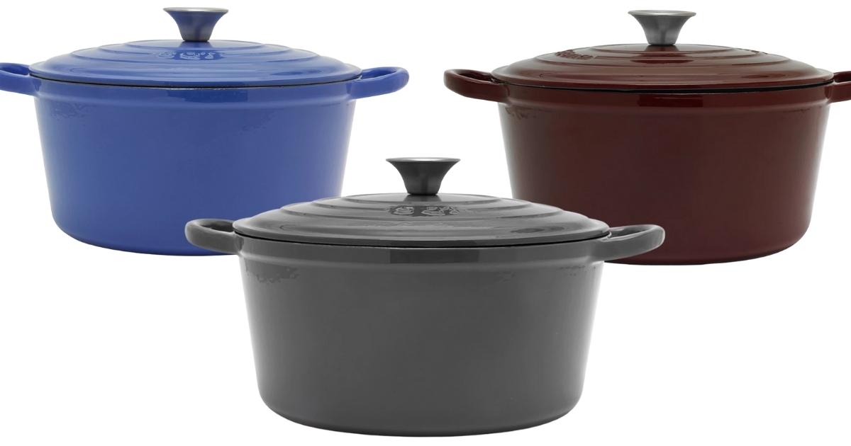 three sedona cast iron 5 quart dutch ovens in gray blue and red