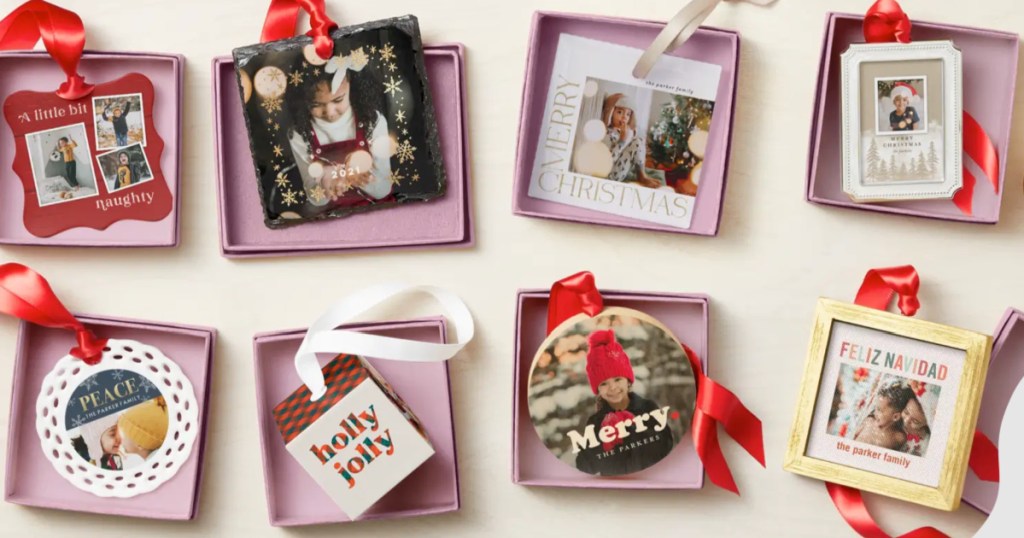 collage of Shutterfly Ornaments with ribbons