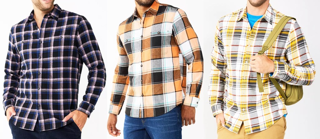 three men modeling plaid flannel shirts