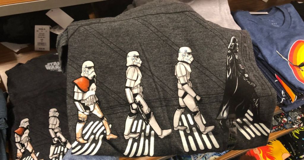 grpahic t-shirt with storm troopers and darth vader crossing Abbey road like The Beatles