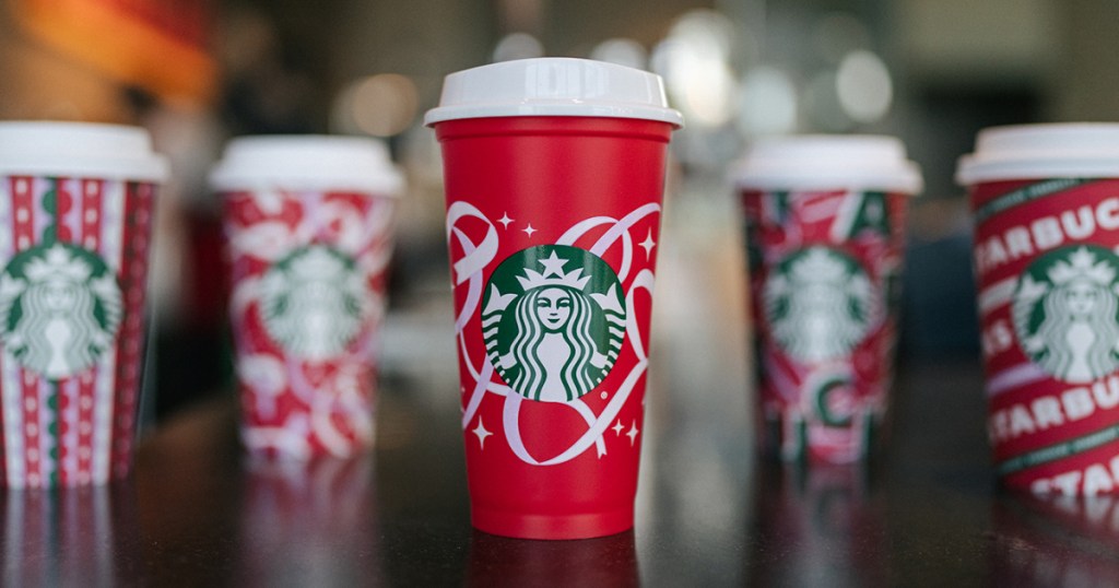 Starbucks Red Holiday Cups on counter