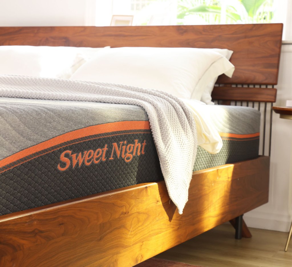 sweet night mattress on wood bed frame