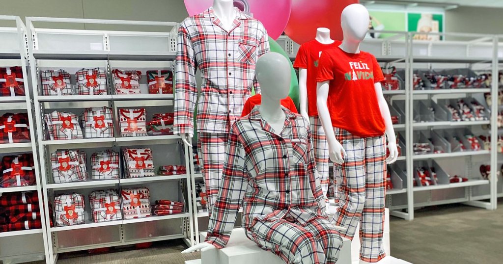 display of family holiday pajamas at target