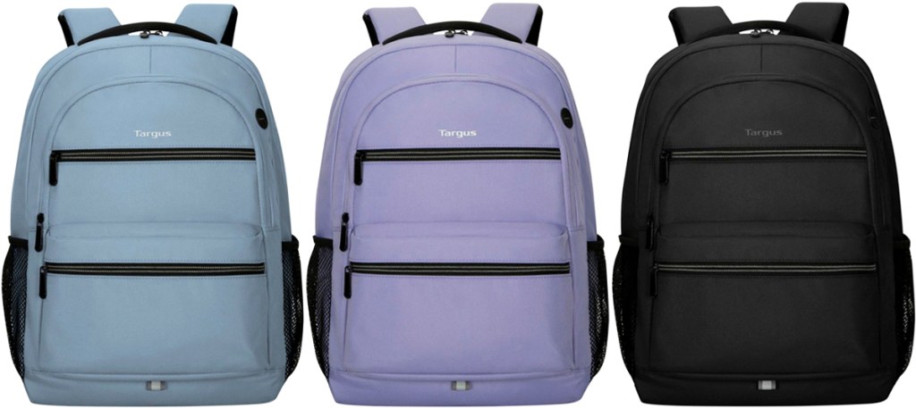 blue, purple, and black backpacks