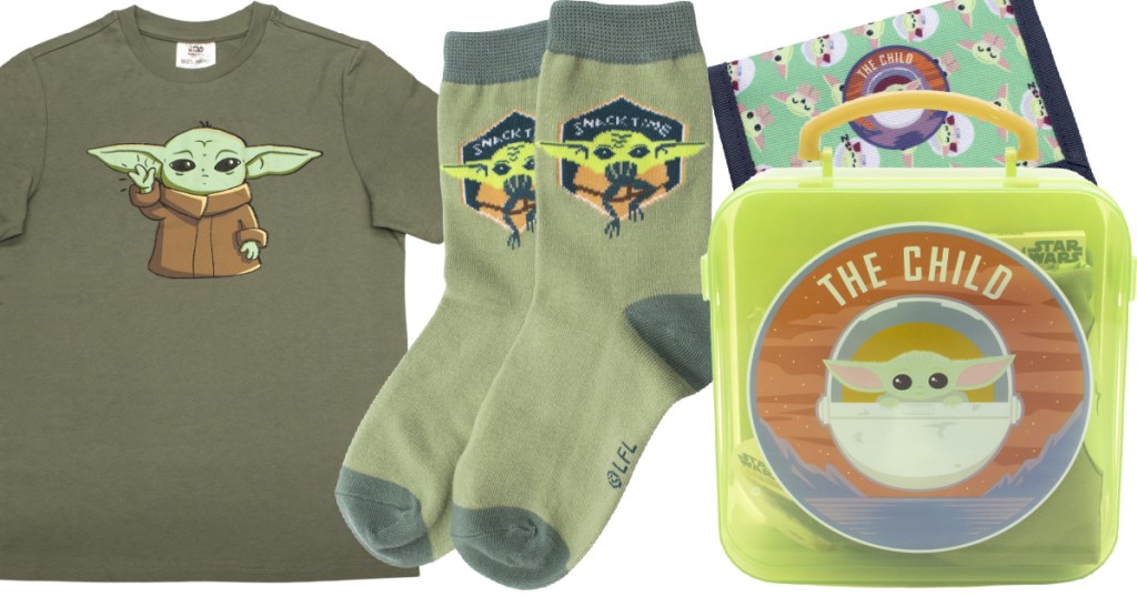 kids t shirt, socks, wallet and lunch box in green with baby yoda on it