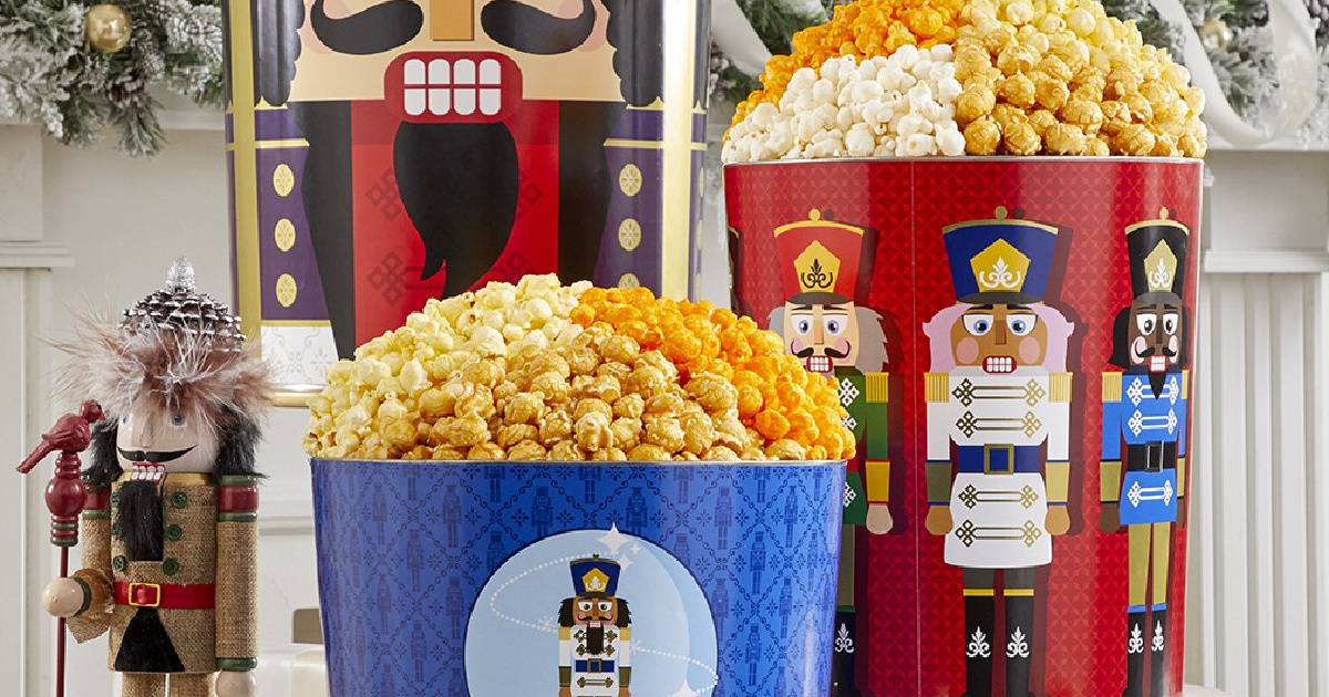Variety of Christmas themed popcorn tins