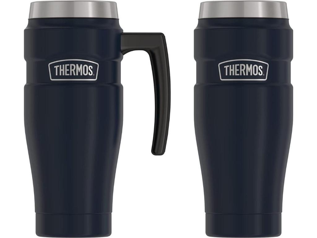 thermos mug and tumbler in matte blue