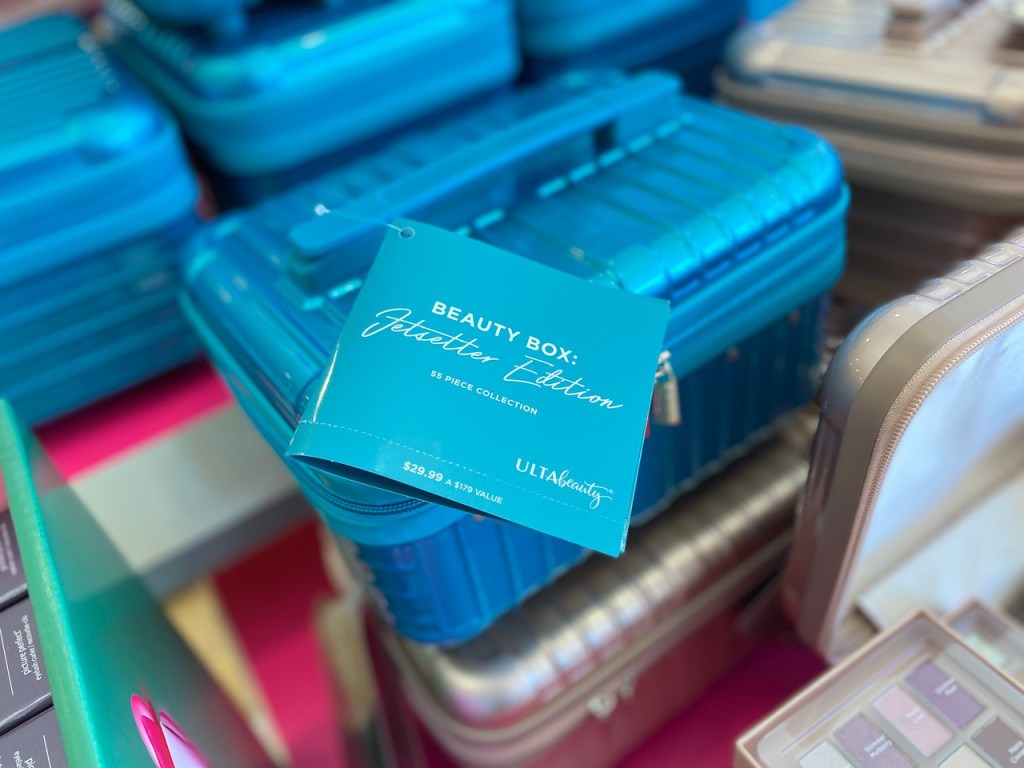 Ulta Jetsetter Beauty Edition in blue sitting on display table