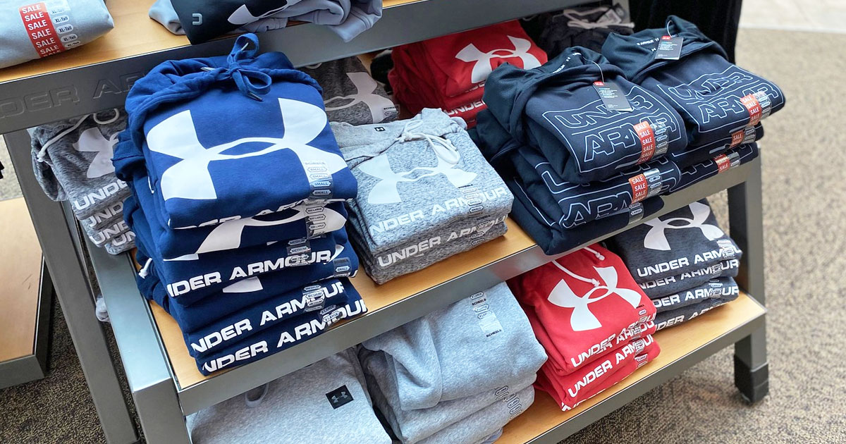 display table of under armour hoodies