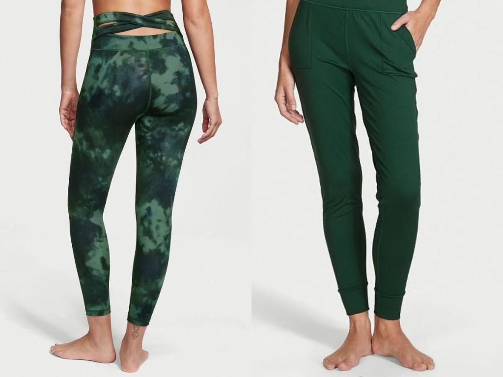 women wearing victoria's secret strappy back leggings and green joggers