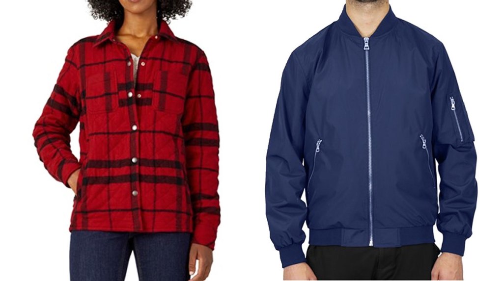 woman and man modeling jackets
