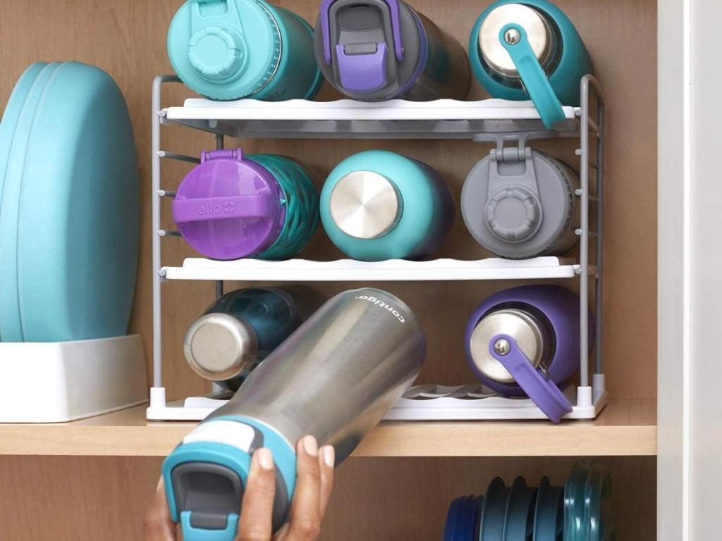 youcopia upspace water bottle organizer in cabinet