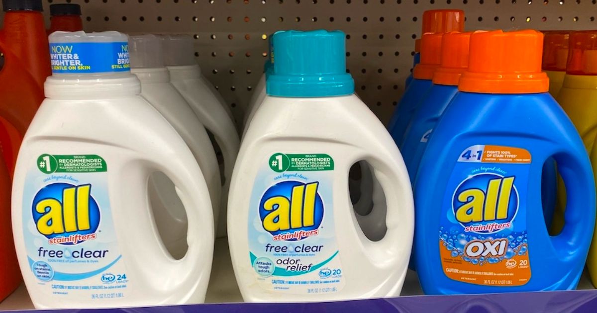 all laundry detergent bottles on a store shelf
