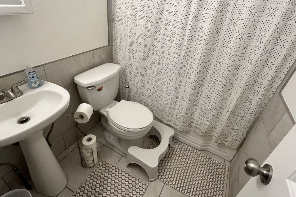 bathroom with toilet, sink, and stool