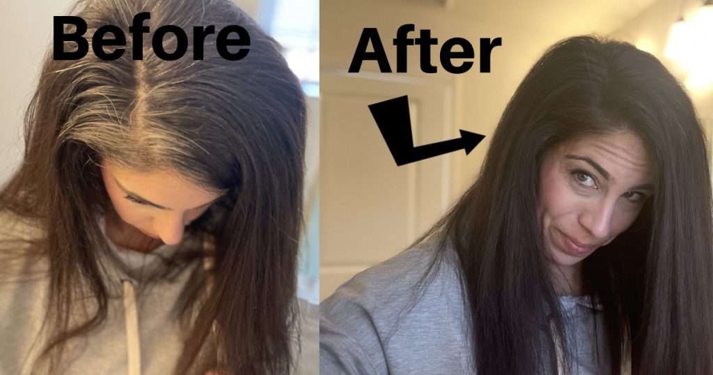 woman's gray hair before and after root-touch up product