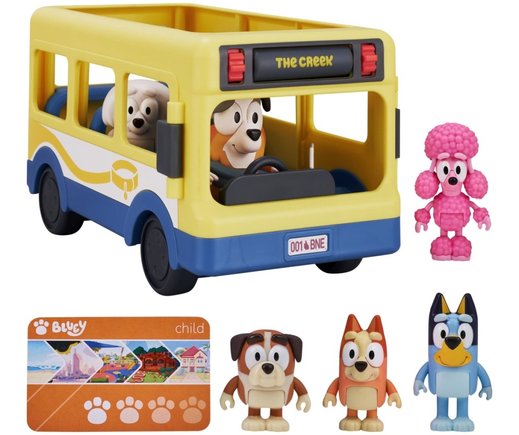 toy school bus with 5 Bluey characters + bus card
