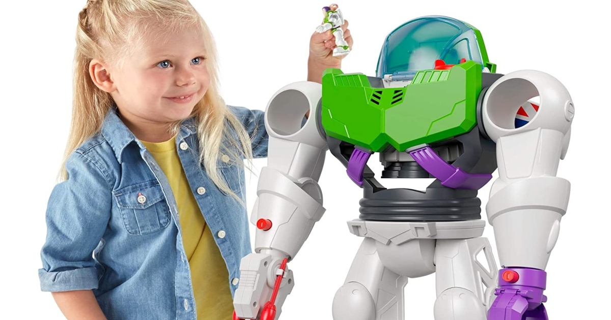 Girl playing with tall Buzz Lightyear playset
