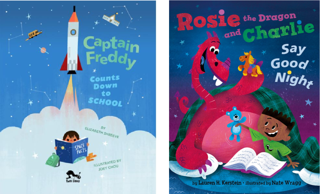 2 book covers displaying colorful children's books