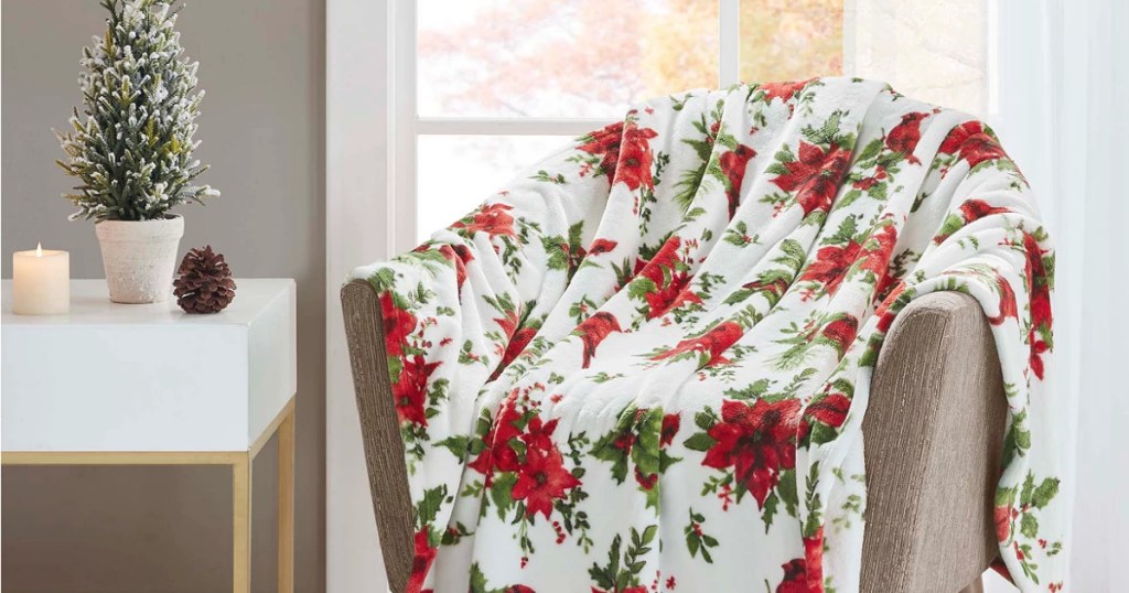 throw blanket with poinsettia holiday print