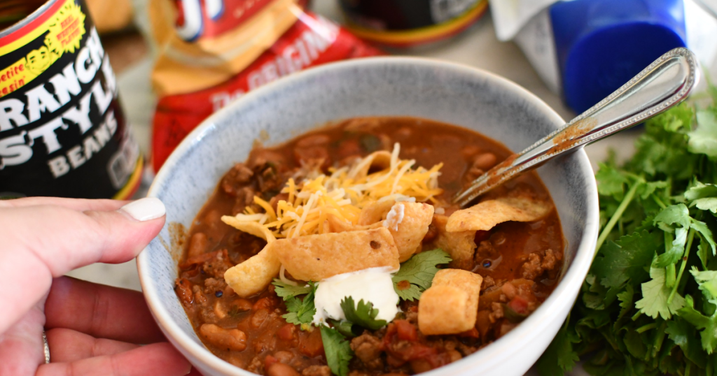 bowl of southwest chili with ranch style beans and fritos 
