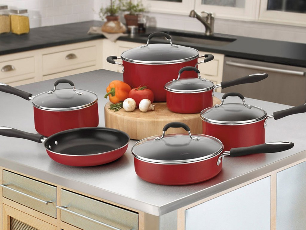 cusinart cookware set in red displayed in the kitchen
