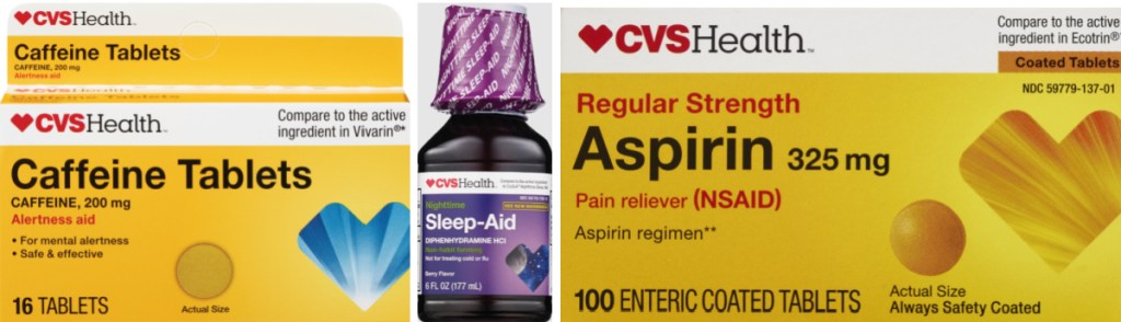 CVS health caffeine tabs, sleep-aid and asperin