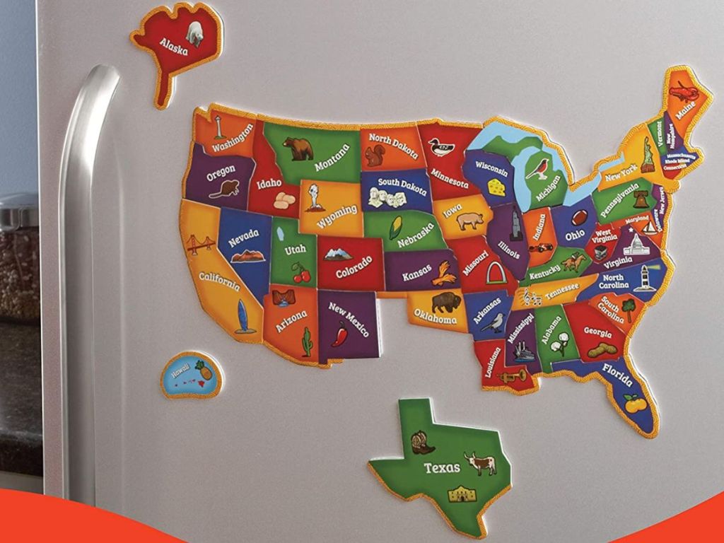 magnetic US Map puzzle on refrigerator