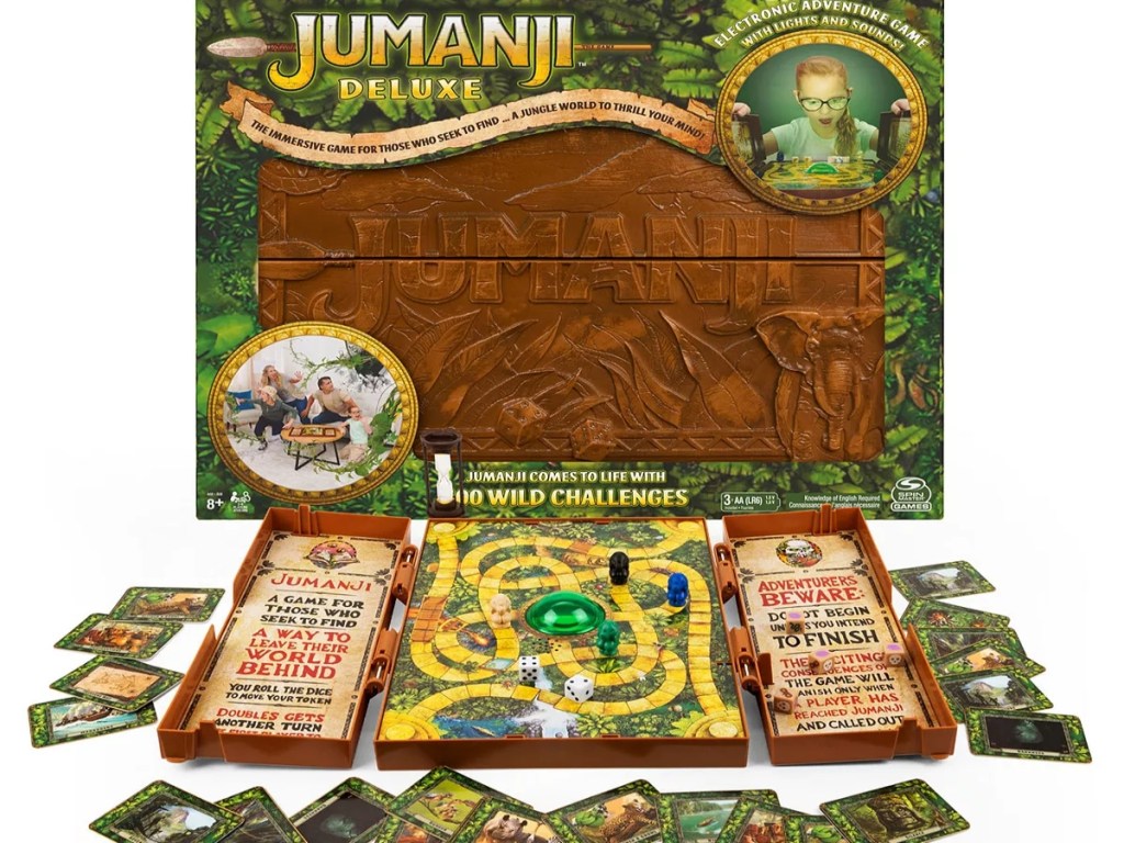 Full Jumanji board game set up with box behind it