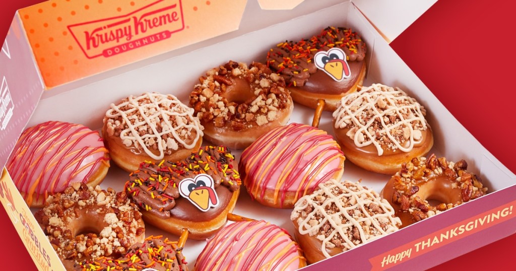 dozen Thanksgiving doughnuts in Krispy Kreme box