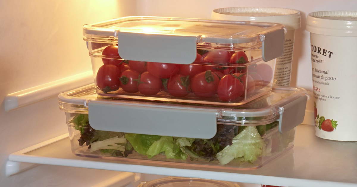food containers stacked in a fridge