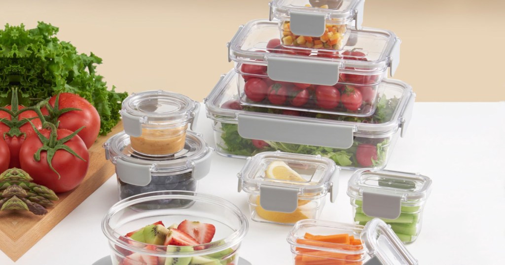 clear food storage set pieces filled with various foods