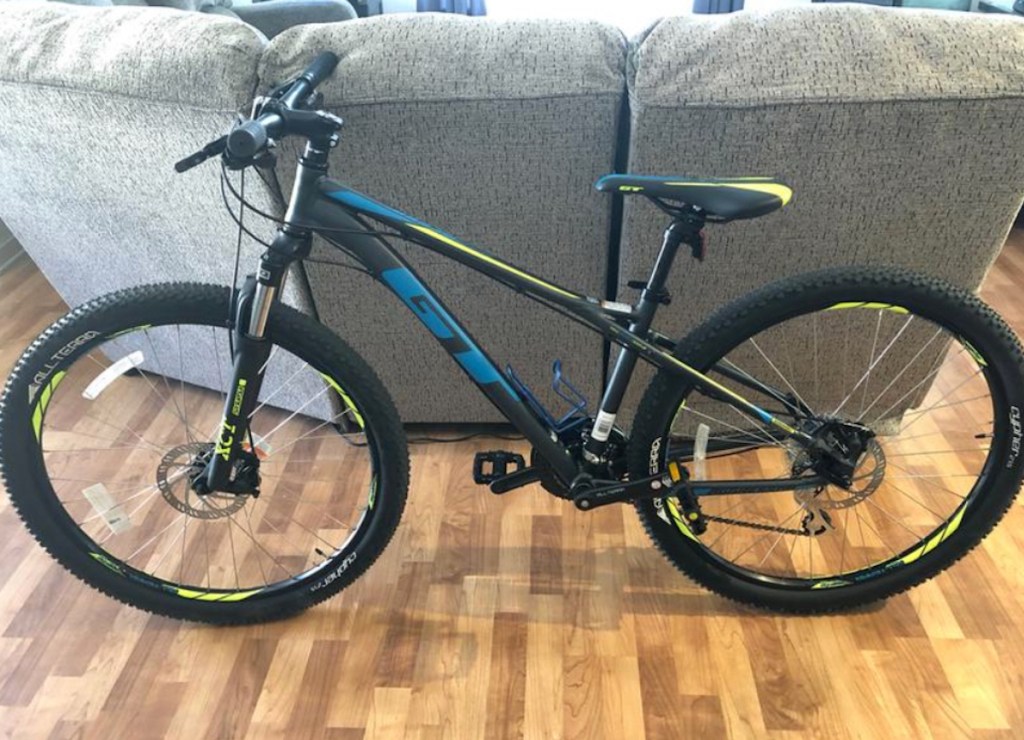 mountain suspension bike leaning on couch in house