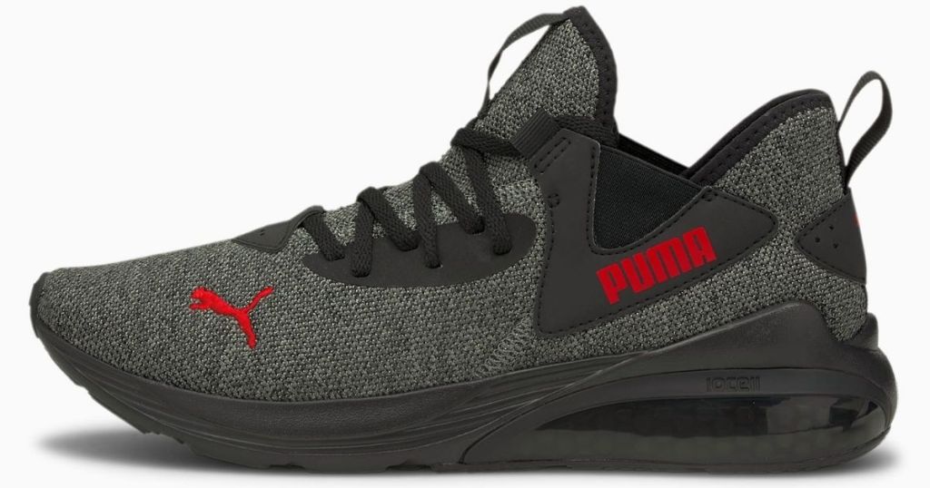 gray and black and red PUMA shoes