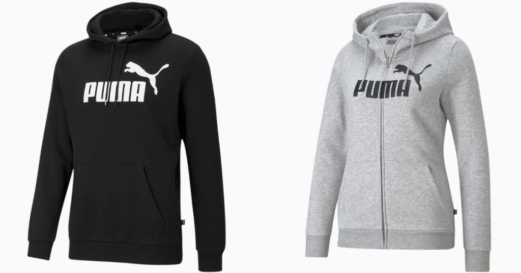 black puma hoodie and gray zip-up puma hoodie